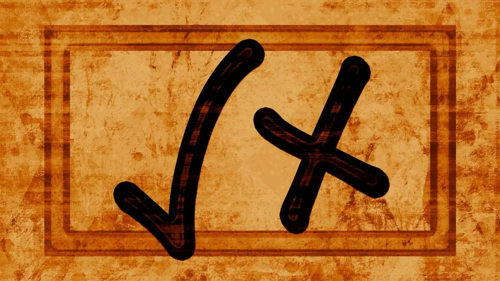 Hand-drawn tick and cross marks on a textured background