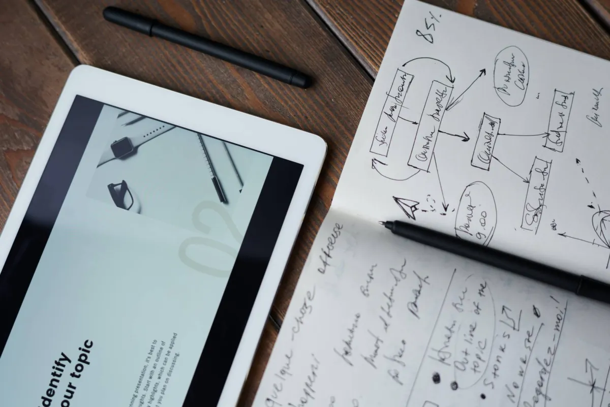 Tablet beside a notebook with a hand-drawn work flowchart